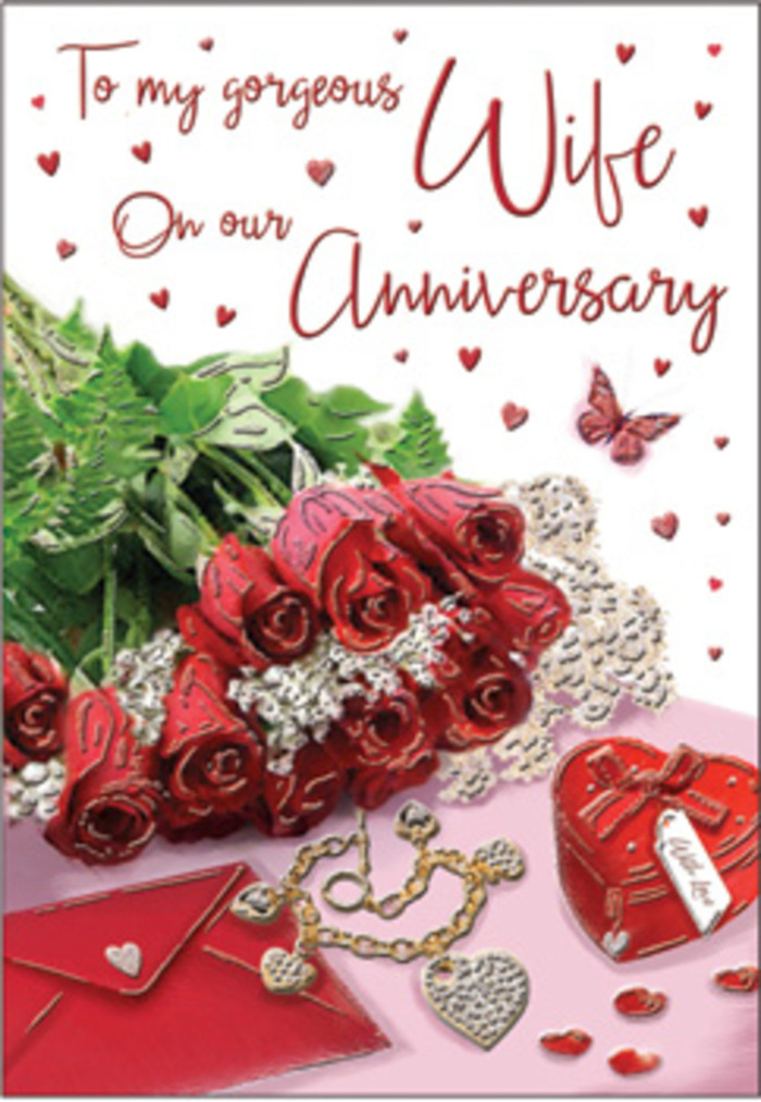 In this richly detailed anniversary card illustration, the arrangement feels like a carefully styled still life you might see in the front window of a West Green boutique florist. At the centre, a bouquet of classic red roses is gathered with an understated elegance, each bloom full and open, its velvety petals layering into a deep, romantic crimson. The roses are wrapped and framed with lush greenery, the fresh leaves providing texture and depth, suggesting they have just been prepared for delivery to a nearby home. Surrounding the bouquet, delicate heart motifs and fine lace-like patterns bring an air of refinement, their softness echoing the sentiment of the occasion. A gleaming jewellery set rests nearby, catching the light in tiny sparks of gold and silver, while a vivid red box hints at a precious keepsake waiting inside-perhaps an anniversary gift chosen after a leisurely browse through West Green's local shops. The surfaces in the image shift between satin-smooth and gently textured, from the sheen of the card stock to the subtle grain beneath the roses. Everything is arranged so that your eye moves naturally from flower to trinket to the scripted anniversary message, which sweeps gracefully across the card in elegant lettering. Hues of ruby, blush, and warm cream blend together, creating an atmosphere of intimacy and warmth, as if the card were resting on a bedside table just before being given. The overall impression is one of timeless romance and thoughtful celebration, perfectly suited to honour years of shared memories and quiet, enduring love.