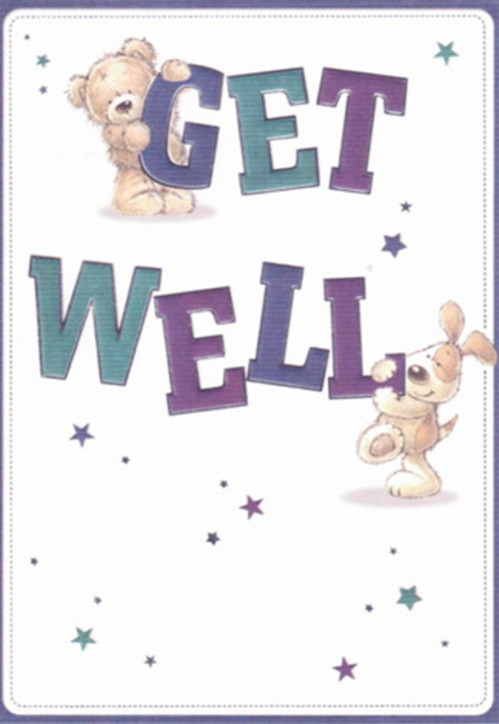 In this delicately illustrated get well card, a pair of charming companions-a sweet teddy bear and a floppy-eared puppy-exude caring friendship as they team up to deliver a message of hope. The bear, gentle-faced and plush, sits above the playful, oversized letters of 'GET,' while the puppy, his fur drawn with remarkable softness, nestles beside the word 'WELL.' Purple and aqua hues fill the bold typography, their tones echoed in the scattering of small, shimmering stars that dance across the creamy white background. The scene carries an unmistakable air of encouragement and optimism, reminiscent of the lightness brought by a cheerful bouquet freshly delivered around West Green's Harringay Ladder. The illustration's subtle details, from the bear's cuddly body to the velvety ears of the puppy, evoke a sense of touch and comfort-mirroring the tactile pleasure of running your hand over soft petals. There's a gentle luminosity that fills the card with a sense of renewal, much like a caring visit from a local florist bringing flowers to a friend on a quiet afternoon. This expressive artwork captures both innocence and strength, making it an ideal gesture for supporting loved ones on their road to recovery around West Green.