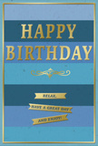 The photograph shows a sophisticated birthday card whose design blends soothing blues with luxurious gold, like a peaceful corner of West Green touched by evening sunlight. The card's front is composed of broad horizontal stripes in progressively lighter shades of blue, creating a gentle gradient from a dark, midnight navy at the top down through cooler denim and teal, arriving at a soft, placid blue near the bottom edge. This layered effect suggests depth and calm, as if you are looking across wide, quiet skies. Dominating the centre, the words "HAPPY BIRTHDAY" appear in large, embossed gold letters, each uppercase character neatly spaced and gently raised so they would feel smooth and slightly ridged under the fingertips. The metallic gold catches even the faintest light, adding a subtle shimmer rather than a harsh shine. Just below, a delicate, swirling gold ornament-a stylised flourish-adds an old-world touch, as though inspired by antique lettering. Beneath this motif, three narrow golden banners line up in a tidy stack, each etched with part of a friendly message that collectively reads: "Relax, have a great day and enjoy!" The banners echo the shape of the blue stripes above, creating a pleasing rhythm across the card's surface. A slim gold border encircles the entire design, giving it a sense of completion and framing the tranquil blues within. The combination of velvety matte colour and gleaming gold foil produces a tactile richness, making this an ideal birthday card to pair with fresh flowers arriving to a doorstep off West Green Road, ready to convey calm, heartfelt celebration.